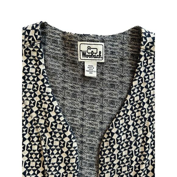 Vintage‎ Woolrich Mens Cardigan Open Size M Navy Blue And Cream Geometric - Picture 9 of 14